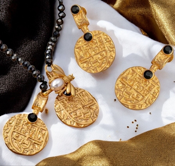 🆕️24K Gold Plated Crystal Beaded Coin Pendant Versatile Necklace Earrings Set - Picture 1 of 14